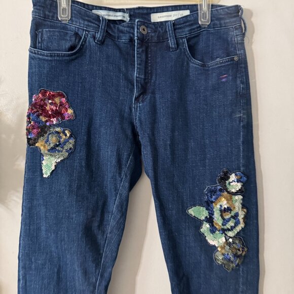 ☀️ PILCRO & THE LETTERPRESS Sequin Patch Embellished Boyfriend Jeans Dark Wash - Picture 3 of 9